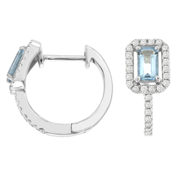 14K White Gold Emerald-Cut Aquamarine Diamond Halo Huggie Hoop Earrings - Dallas TX | Mariloff