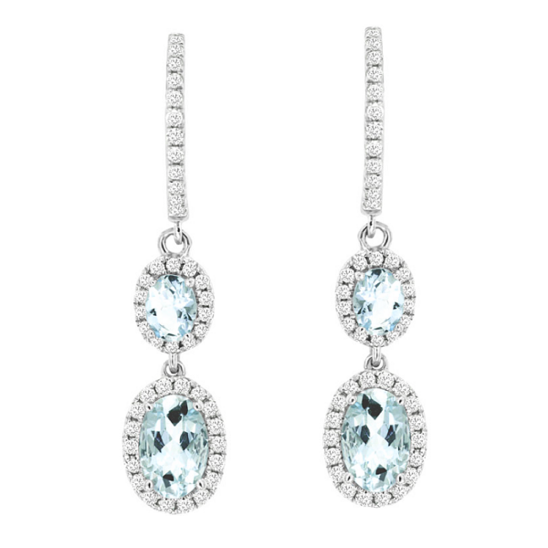14K White Gold Oval-Cut Aquamarine Diamond Halo Drop Earrings - Dallas TX | Mariloff Diamonds