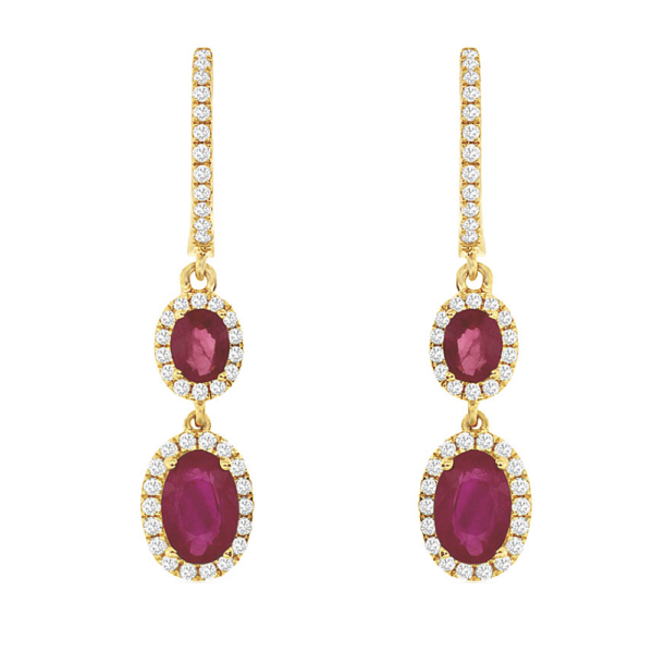 14K Yellow Gold Oval-Cut Ruby and Diamond Halo Drop Earrings - Dallas TX | Mariloff Diamonds