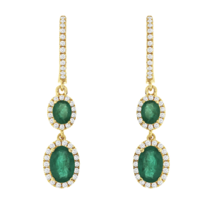 14K Yellow Gold Oval-Cut Green Emerald Diamond Halo Earrings - Dallas TX | Mariloff Diamonds