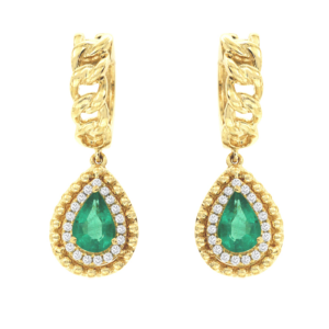 14K Yellow Gold Pear-Cut Emerald Diamond Halo Chain-Link Earrings - Dallas TX