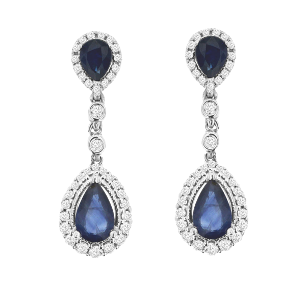 14K White Gold Pear-Cut Blue Sapphire Halo Diamond Fashion Earrings - Dallas TX