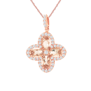 14K Rose Gold Oval-Cut Morganite and Diamond Clover Pendant Necklace - Dallas TX