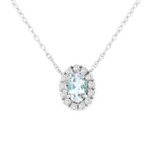 14K White Gold Oval-Cut Aquamarine Gemstone Diamond Halo Slide Pendant Necklace - Dallas TX