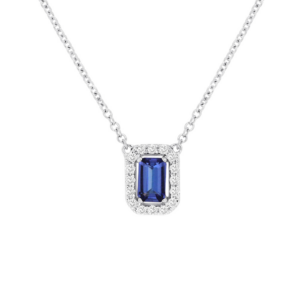 14K White Gold Emerald-Cut Tanzanite Diamond Halo Pendant Necklace - Dallas | Mariloff Diamonds