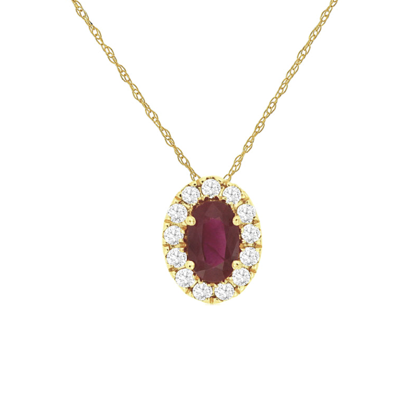 14K Yellow Gold Oval-Cut Ruby Gemstone Diamond Halo Slide Pendant Necklace - Dallas TX