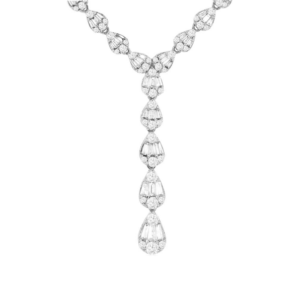 14K White Gold Baguette and Round Diamond Y-Necklace - Dallas TX | Mariloff Diamonds