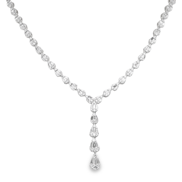 14K White Gold Baguette and Round Diamond Y-Necklace - Dallas TX | Mariloff Diamonds