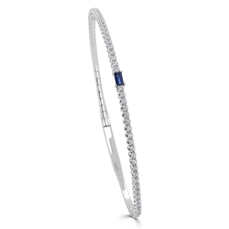 14K White Gold Flexible Bangle with .10ct Baguette Sapphire & .44ctw Diamonds Size 6.75 Bracelets 2