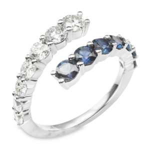 14K White Gold Round Blue Sapphire and Diamond Bypass Fashion Ring - Dallas TX