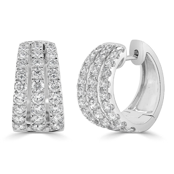 14K White Gold Three-Row Graduated Diamond Huggie Hoop Earrings - Dallas TX