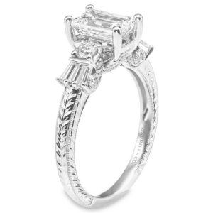 Platinum Carved Baguette and Round Diamond Emerald Cut Engagement Ring - Dallas TX