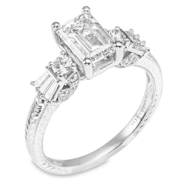 Platinum Carved Baguette and Round Diamond Emerald Cut Engagement Ring - Dallas TX