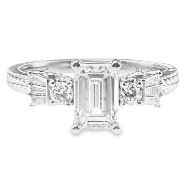 Platinum Carved Baguette and Round Diamond Emerald Cut Engagement Ring - Dallas TX