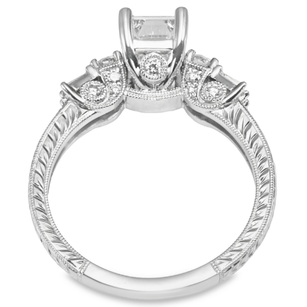 Platinum Carved Baguette and Round Diamond Emerald Cut Engagement Ring - Dallas TX