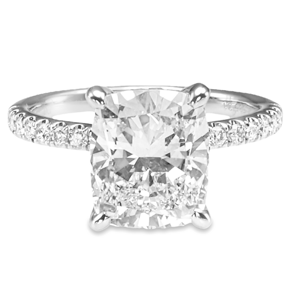 14K White Gold 4-Prong Basket Hidden-Halo Cushion Cut Diamond Engagement Ring - Dallas TX