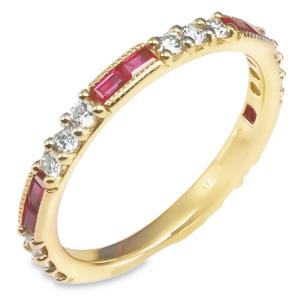 14K Yellow Gold Baguette-Cut Ruby and Diamond Stackable Band - Dallas TX