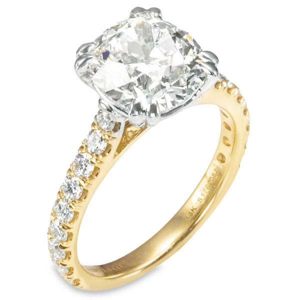 14K Two-Tone Gold Double-Claw 4-Prong Basket Cathedral Antique Cushion Cut Diamond Engagement Ring - Dallas Texas