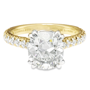 14K Two-Tone Gold Double-Claw 4-Prong Basket Cathedral Antique Cushion Cut Diamond Engagement Ring - Mariloff Diamonds | Dallas