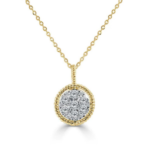 14K Yellow Gold Rope Halo Circular Diamond Cluster Pendant Necklace - Dallas TX