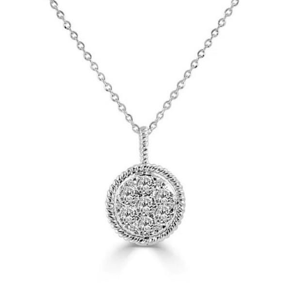 14K White Gold Rope Halo Circular Diamond Cluster Pendant Necklace - Dallas TX