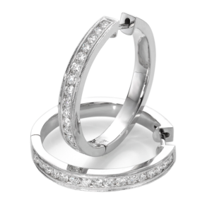 14K White Gold Channel-Set Round Brilliant Diamond Milgrain Accented Hoop Earrings - Dallas TX