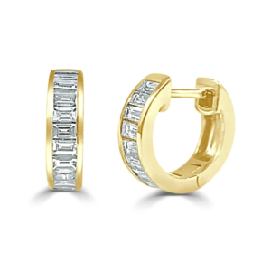 14K Yellow Gold Channel Set East-West Baguette Diamond Huggie Earrings - Dallas TX