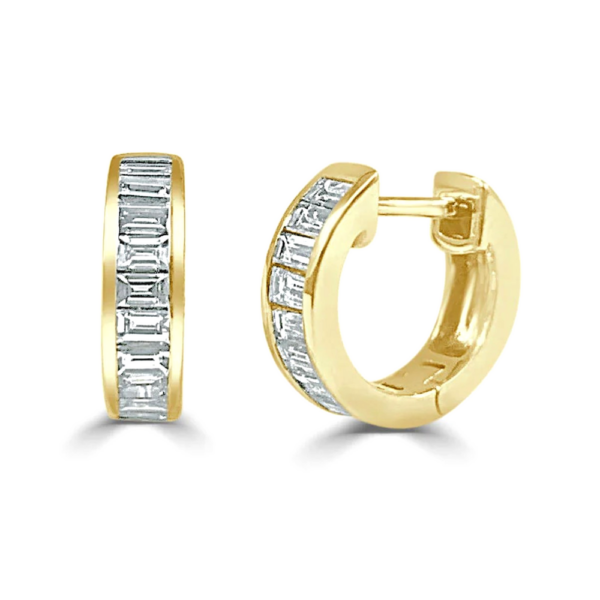 14K Yellow Gold Channel Set East-West Baguette Diamond Huggie Earrings - Dallas TX