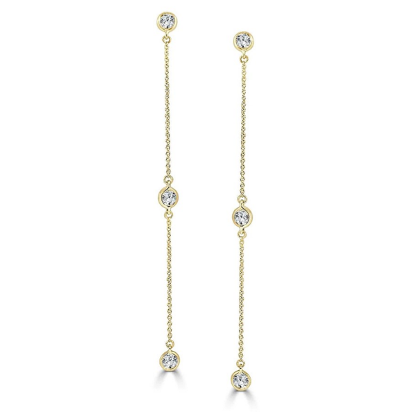 14K Yellow Gold Bezel Set Diamond Station Dangle Fashion Earrings - Dallas TX