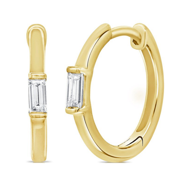 14K Yellow Gold Baguette Cut Diamond Hinged Huggie Hoop Earrings - Dallas TX