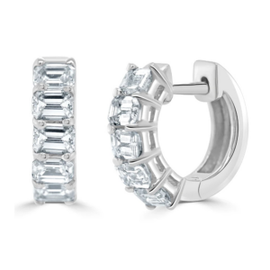 14K White Gold East-West Set Emerald Cut Diamond Huggie Earrings - Dallas TX
