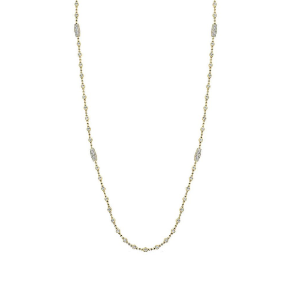18K Yellow Gold Baguette & Round Diamond Station Fashion Necklace 32" - Dallas | Mariloff Diamonds