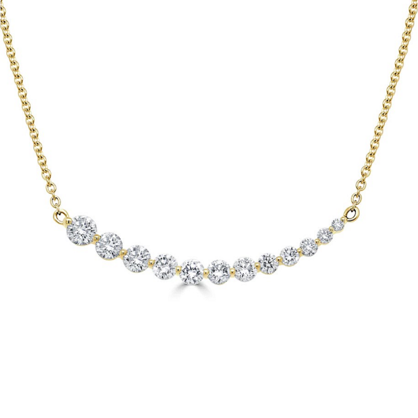 14K Gold Curved Graduated Round Brilliant Diamond Bar Necklace - Dallas TX