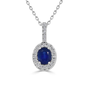 14K Gold Oval-Cut Blue Sapphire Diamond Halo Pendant Necklace - Dallas TX