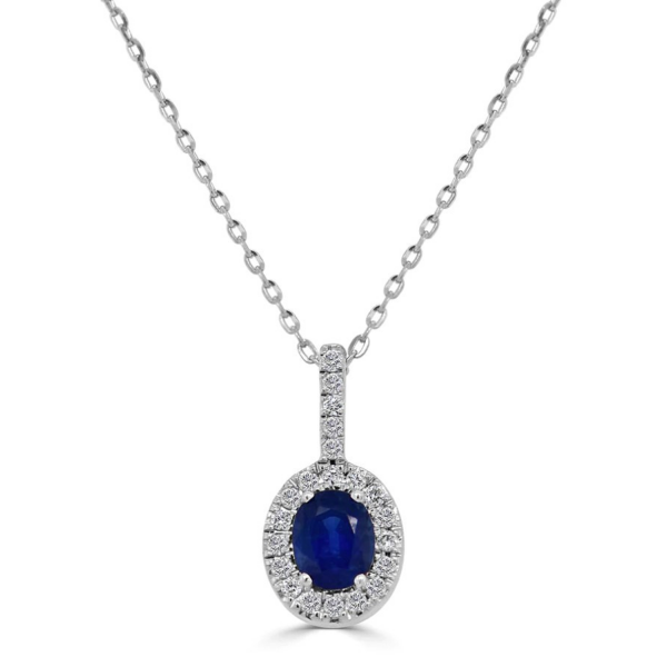 14K White Gold Oval-Cut Blue Sapphire Diamond Halo Pendant Necklace - Mariloff Diamonds | Dallas TX