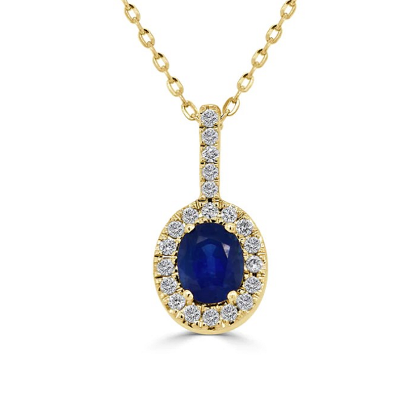 14K Gold Oval-Cut Blue Sapphire Diamond Halo Pendant Necklace - Dallas TX | Mariloff