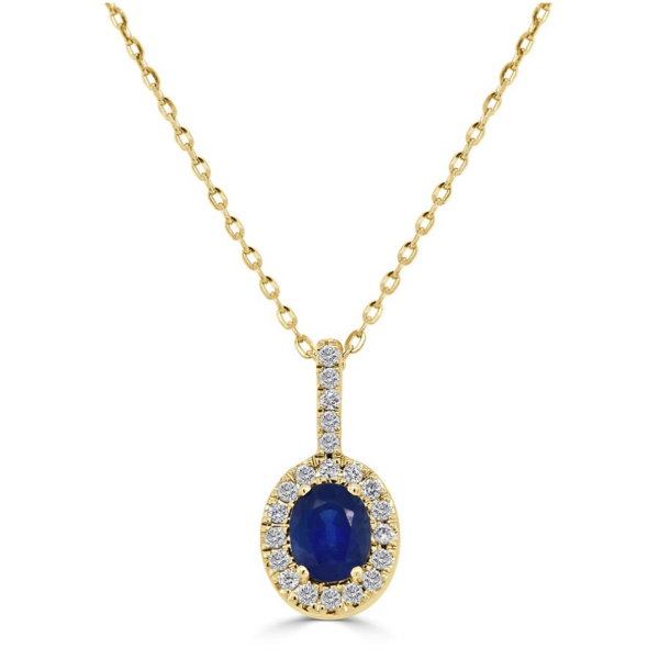 14K Yellow Gold Oval-Cut Blue Sapphire Diamond Halo Pendant Necklace - Dallas | Mariloff Diamonds