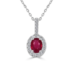 14K Gold Oval-Cut Ruby Gemstone Diamond Halo Pendant Necklace - Dallas TX