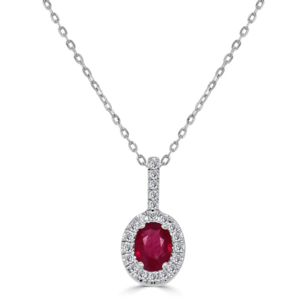 14K Gold Oval-Cut Ruby Gemstone Diamond Halo Pendant Necklace - Dallas TX | Mariloff Diamonds