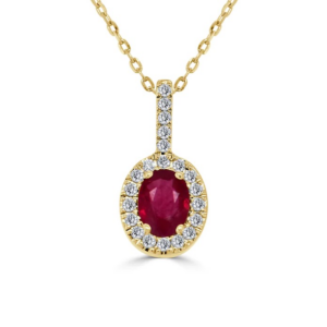 14K Gold Oval-Cut Ruby Gemstone Diamond Halo Pendant Necklace - Dallas TX