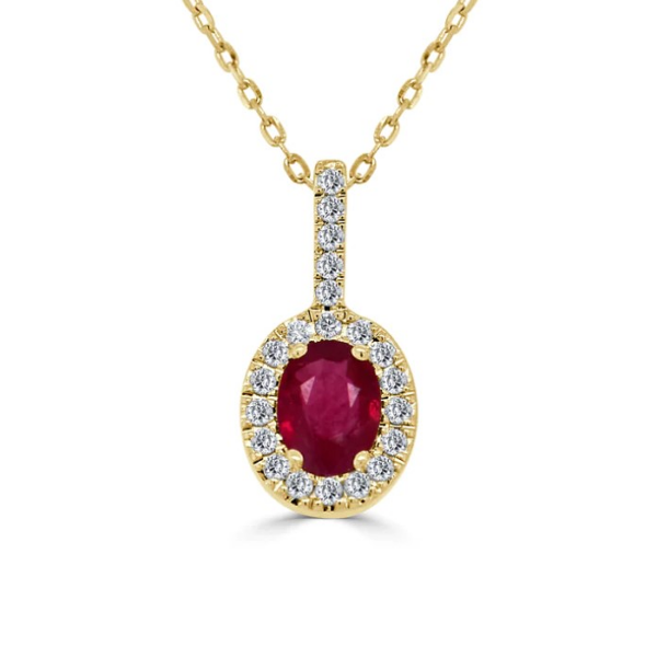 14K Gold Oval-Cut Ruby Gemstone Diamond Halo Pendant Necklace - Dallas TX