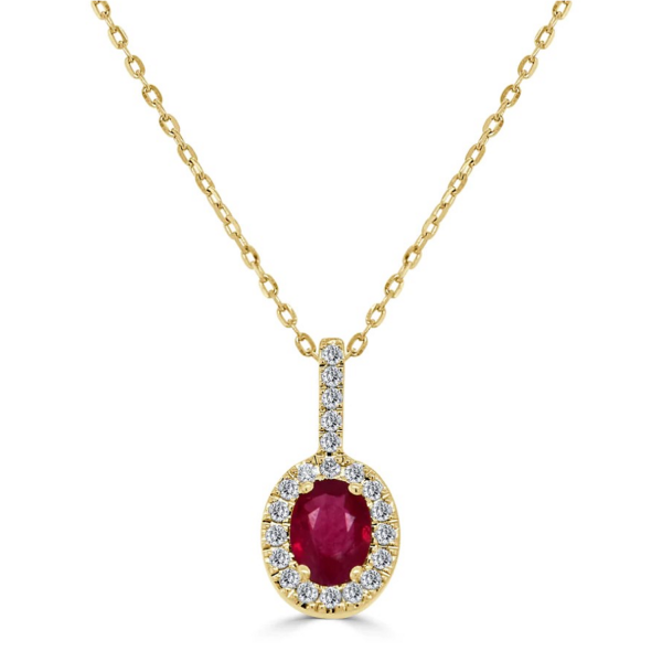 14K Gold Oval-Cut Ruby Gemstone Diamond Halo Pendant Necklace - Mariloff Diamonds & Fine Jewelry | Dallas TX
