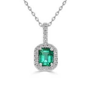 14K White Gold Emerald-Cut Green Emerald Diamond Halo Necklace - Dallas TX