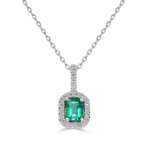 14K White Gold Emerald-Cut Green Emerald Diamond Halo Necklace - Dallas TX | Mariloff Diamonds
