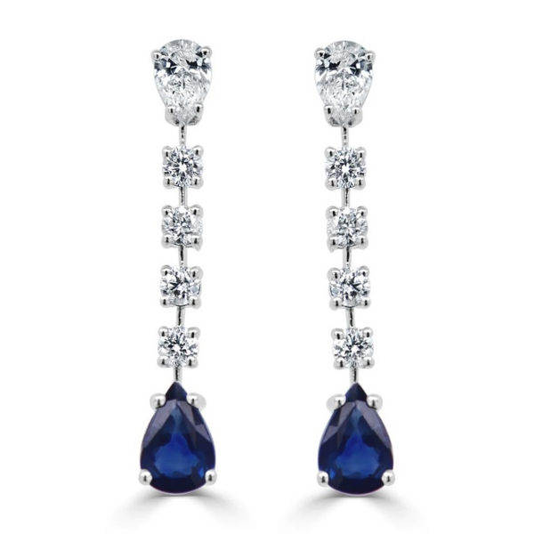 14K White Gold Pear-Cut Blue Sapphire Floating Diamond Earrings - Dallas TX