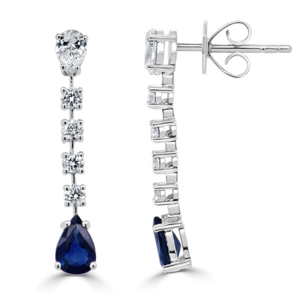 14K White Gold Pear-Cut Blue Sapphire Floating Diamond Earrings -Dallas | Mariloff Diamonds