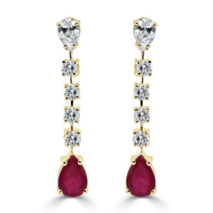 14K Yellow Gold Pear-Cut Ruby Gemstone Floating Diamond Earrings - Dallas TX