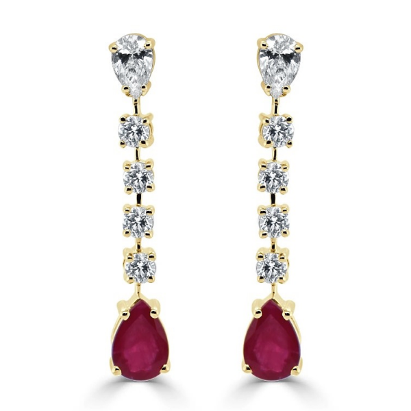 14K Yellow Gold Pear-Cut Ruby Gemstone Floating Diamond Earrings - Dallas TX