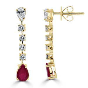 14K Yellow Gold Pear-Cut Ruby Gemstone Floating Diamond Earrings - Mariloff Diamonds | Dallas TX
