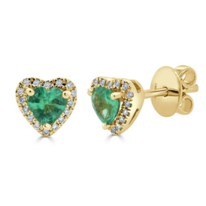 14K Gold Diamond Halo Heart-Shape Green Emerald Stud Earrings - Dallas TX
